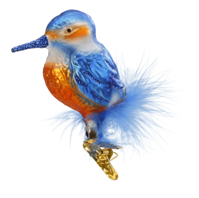 Christbaumschmuck Figur Eisvogel in blau und orange mit Feder