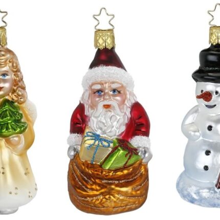 Christbaumfiguren Figuren Set Engel mit Weihnachtsbaum, Weihnachtsmann mit Geschenkesack, Schneemann mit Besen