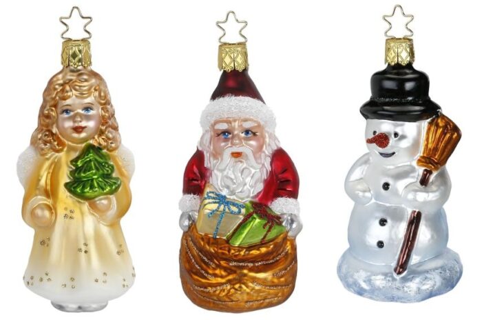 Christbaumfiguren Figuren Set Engel mit Weihnachtsbaum, Weihnachtsmann mit Geschenkesack, Schneemann mit Besen