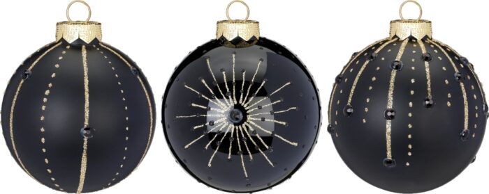 Tannenschmuck schwarze Glaskugeln mit goldenem Design
