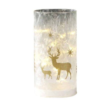 Beleuchtetes Weihnachtsglas mit goldenem Rentier und Sterne