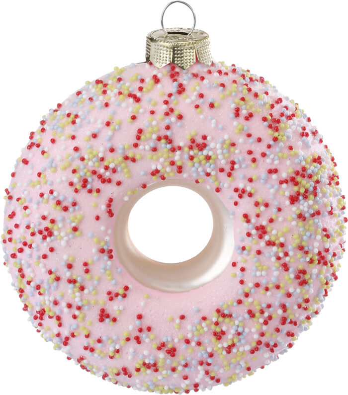 Weihnachtsbaumschmuck Glasfigur rosa Donut mit Perlenglasur