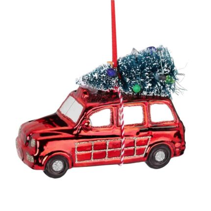 Christbaumschmuck, Christbaumanhänger aus Glas, rotes Auto mit Christbaum