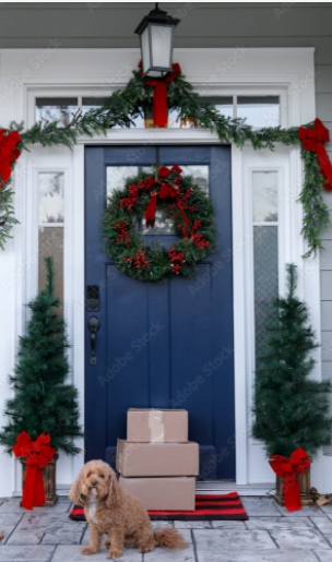 Hund sitzt mit Paketen vor weihnachtlich geschmückter Haustür