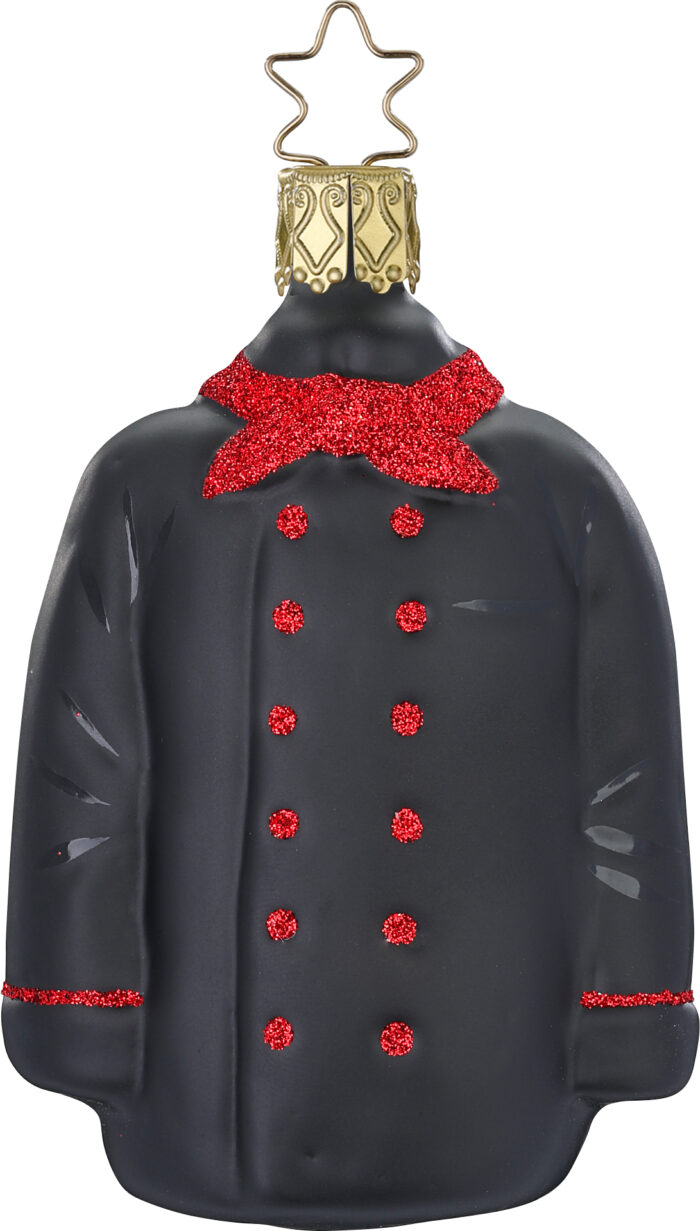 Weihnachtsbaumornament in Form einer schwarzen Kochjacke mit rot-glitzerndem Tuch und Knöpfen