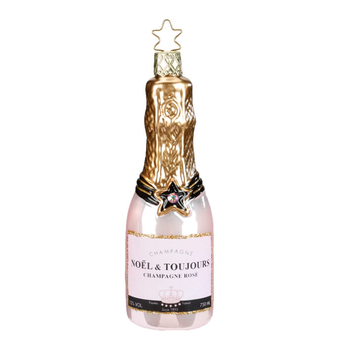 Weihnachtsbaumornament in Form einer rosafarbenen Champagnerflasche