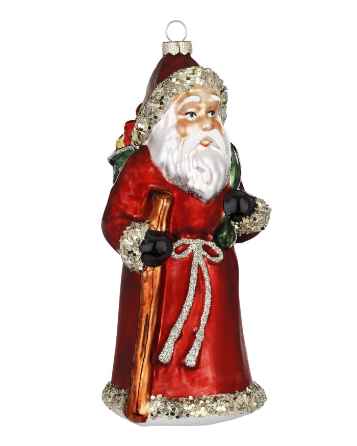 Weihnachtsbaumornament in Form vom Weihnachtsmann mit Stock und Sack, realistisch