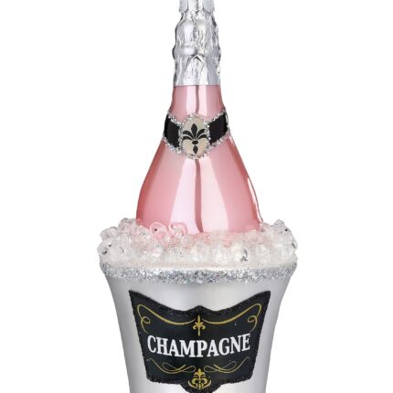 Weihnachtsbaumornament in Form einer rosanen Champagnerflasche im silbernen Kühler